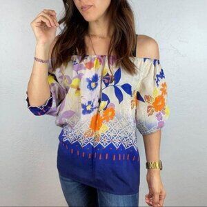 Anthropologie Fei Floral Silk Off-The-Shoulder Blouse Top Blue Women's Size‎ XS